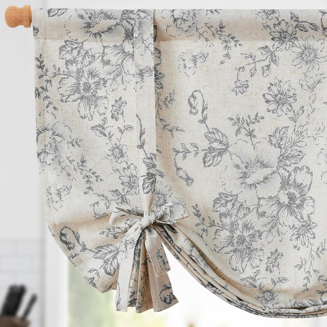 Jinchan Tie Up Shade Valance Curtain Linen Floral for Kitchen Window Living Room Cafe Farmhouse Light Filtering Rustic French Retro Country Curtain Over Sink 54 Inch 1 Panel Grey on Beige