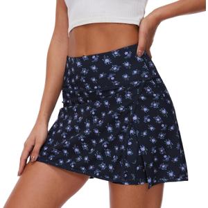 Lightbare Womens Tennis Skirts High Waisted Mini Golf Skirt with Shorts Pockets Side Slit Skort Quick Dry for Athletic (X-Small Short, Navy Floral)