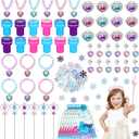 Faccito 134 Pieces Princess Party Favors Winter Birthday Party Supplies Snowflake Jewelry Gifts Set for Kids Include Diamond Necklaces Bracelets Rings Earrings Stickers Crown Wand Stampers Bags