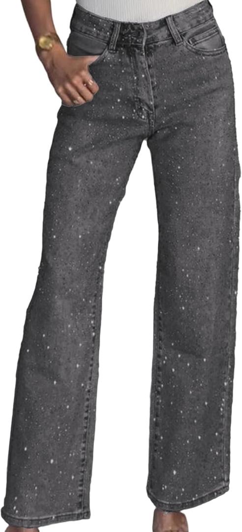 Famnbro Womens Rhinestone Jeans Baggy Y2K High Waisted Straight Wide Leg Sparkly Bling Glitter Denim Pants (Large, Grey)