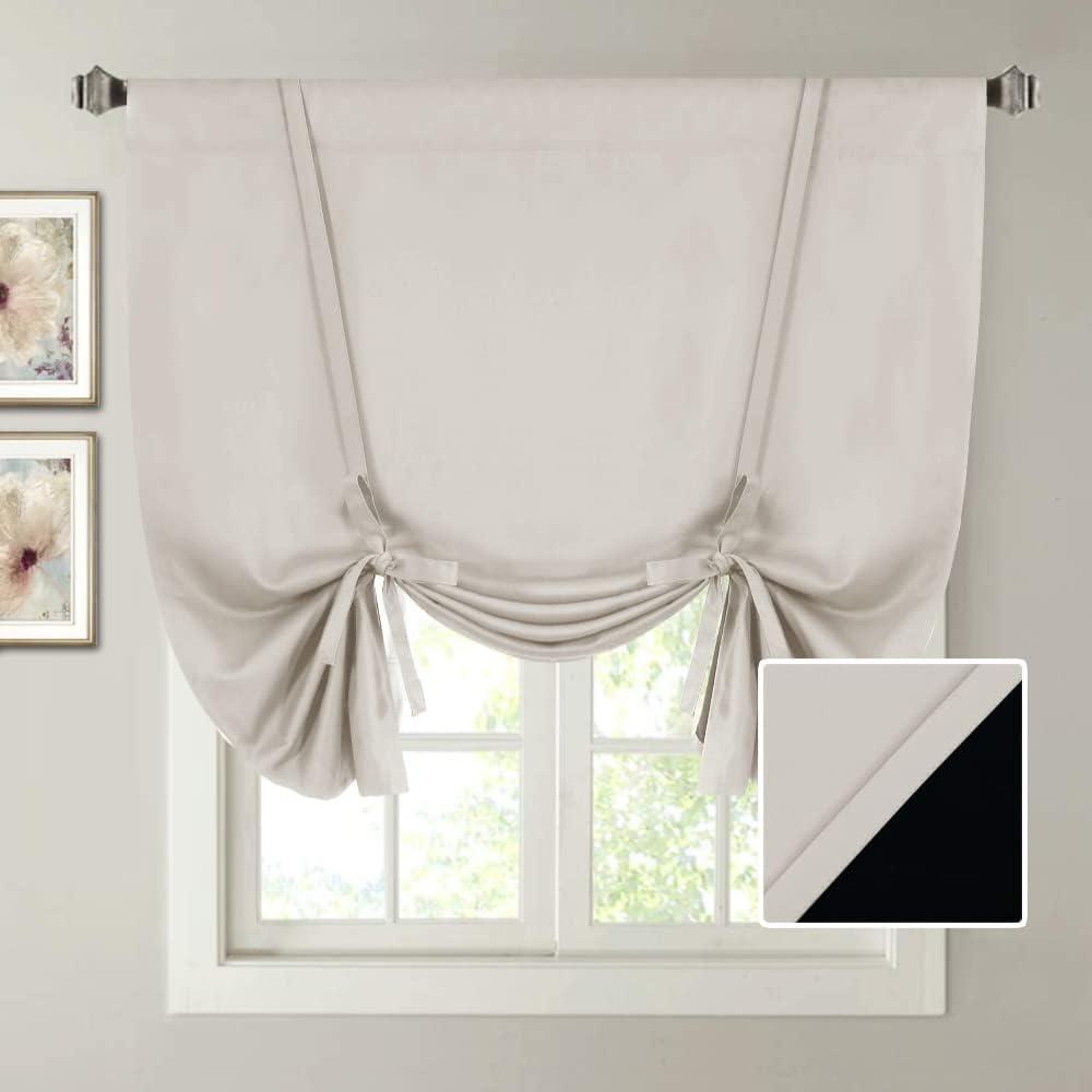 H.VERSAILTEX 100% Blackout Tie Up Curtains for Thermal Insulated Black Lined Balloon Roman Shade Bathroom Window Rod Pocket for Small Window,63 inches Long for Bedroom Rod Pocket Pumice Stone,42"W x 63"L (Pack of 1), Pumice Stone