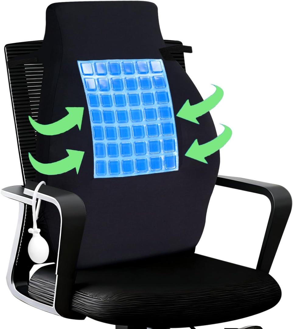 Adjustable Airbag Lumbar Support Pillow With Cooling Gel Relieve Back Pain Keep Back Cool/Dry, Back Support Pillow for Office Chair Adjustable Lumbar Support Height for Lower Back Pain Relief, Black
