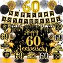 60th Wedding Anniversary Decorations Kit Black Gold Happy 60th Anniversary Banner Backdrop Honeycomb Centerpiece Hanging Swirls Poms for Men Women 60 Years Diamond Wedding Anniversaries Party Supplies