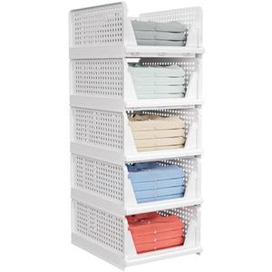 5 Pack Stackable Closet Storage Basket - Stackable Storage Bins, Multifunctional & Foldable Closet Organizer Waterproof, Wardrobe Cupboard Space-Saving Hat Storage Drawer Organizer, White