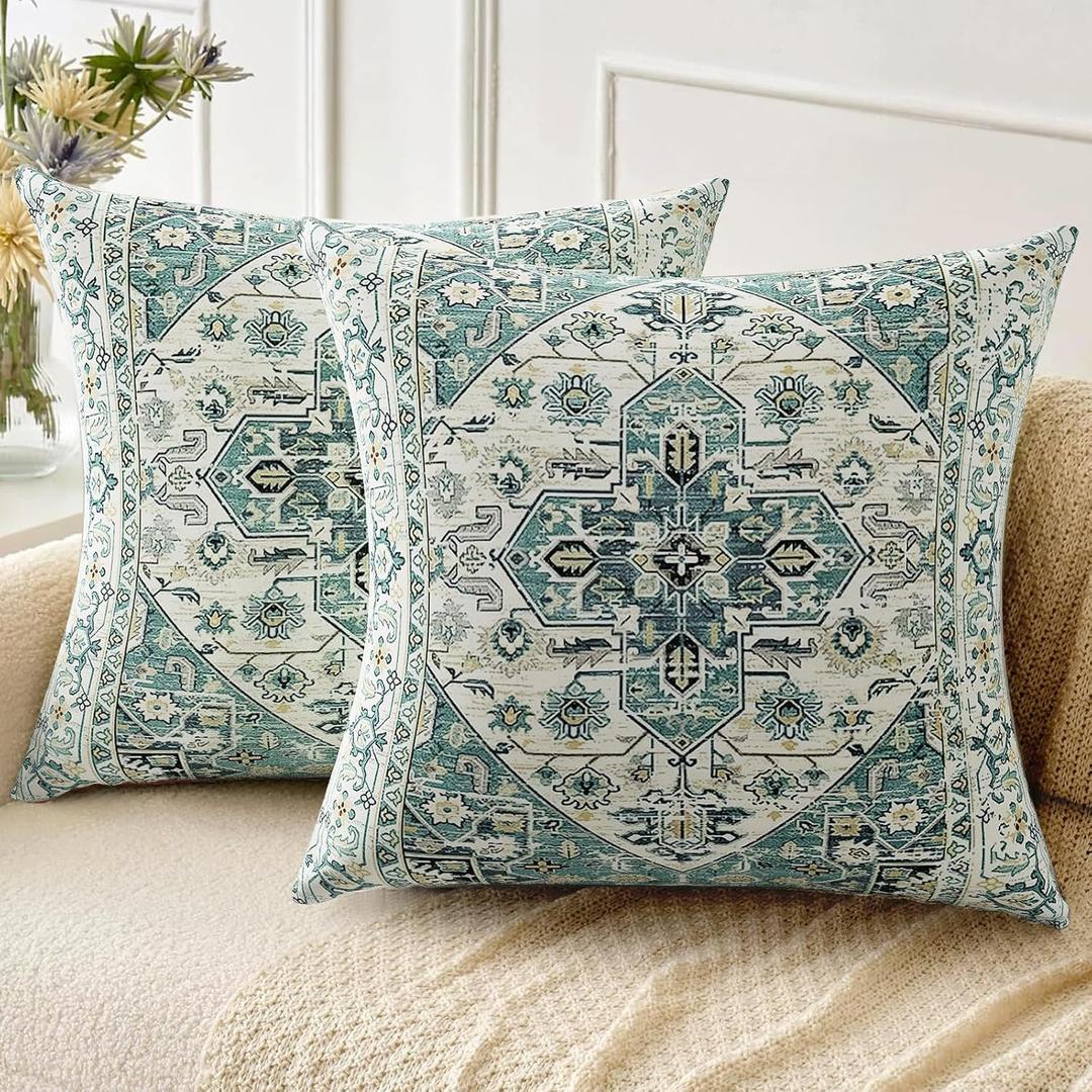 Boho Throw Pillow Covers 18x18 inch Set of 2,Linen Bohemia Carpet Pattern Decorative Living Room Sofa Bed Square Pillow Case Cushion Cover-Dark Cyan