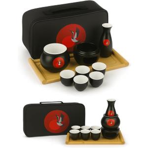 Japanese Sake Cup Set with 6 Ceramic Cups, 1 Ceramic Sake Bottle, 1 Ceramic Sake Warmer, Bamboo Tray, and Cloth Carrying Case - Perfect Hot Sake Set for Authentic Japanese Experience (Black/White)