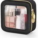 Clear Makeup Bag, Portable Travel Cosmetic Bags, Multipurpose Leather Toiletry Bag with Zipper, Waterproof Transparent Cosmetic Organizer for Women, Mini, Black