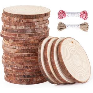 30 Pcs Wood Slices For Crafts, 1.7"-2.3 Pre-Drilled Holes Wood Rounds, 66 Feet Twine String, Wooden Circles For Crafts Burning Painting Diy Crafts Christmas Wedding Party Wedding Decor Party