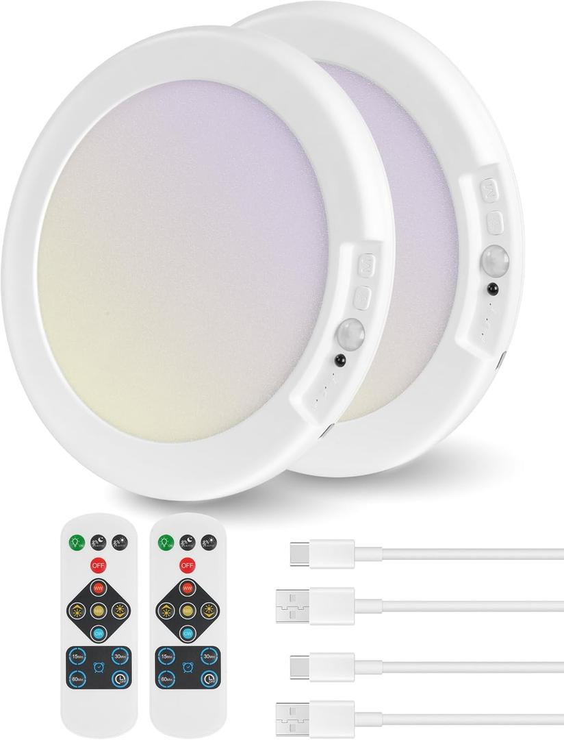 2 Pack Rechargeable Motion Sensor Ceiling Light with Remote, Wireless Ceiling Light Battery Operated, Magnetic, 3CCT, Dimmable LED for Shower Closet Bathroom Stairs Pantry Hallway Porch