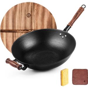 WANGYUANJI Cast Iron Wok Pan 12 inch Flat Bottom with Wooden Handle and Lid, Large Wok Stir Fry Pan Suitable for All Cooktops, Chinese wok with Free Dishcloth and Brush
