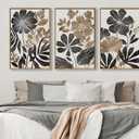 Large Framed Canvas Wall Art - Natural Float Framed Rustic Black Flowers Leaves Pictures Decor Brown Floral Foliage Artwork for Bedroom Living Room Kitchen Home Office Decoration 48" X 24" Set of 3, 16" X 24" X 3pieces Framed