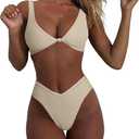 geluboao Bikini Set for Women Solid V Neck Knot Front Push Up High Leg Thong Two Piece Swimsuit (Beige, S)