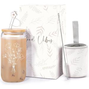 Cute Glass Cups with Lids and Straws, 16oz Aesthetic Iced Coffee Cup, Flower Mugs, Birthday Gifts for Women Girl Friend Sister Her Coffee Lover Bridesmaid Stuff Christmas, Personalized Tumblers (Creamy Yellow)