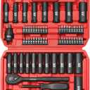 70pcs 3/8" Drive Impact Socket Set,Standard SAE(5/16 to 3/4-Inch) Metric Size(8-22mm), CR-V Steel Deep Socket Kit, Adapters, Ratchet Handle, Screwdriver Bit Set, Sliding T Bar, 6 Point