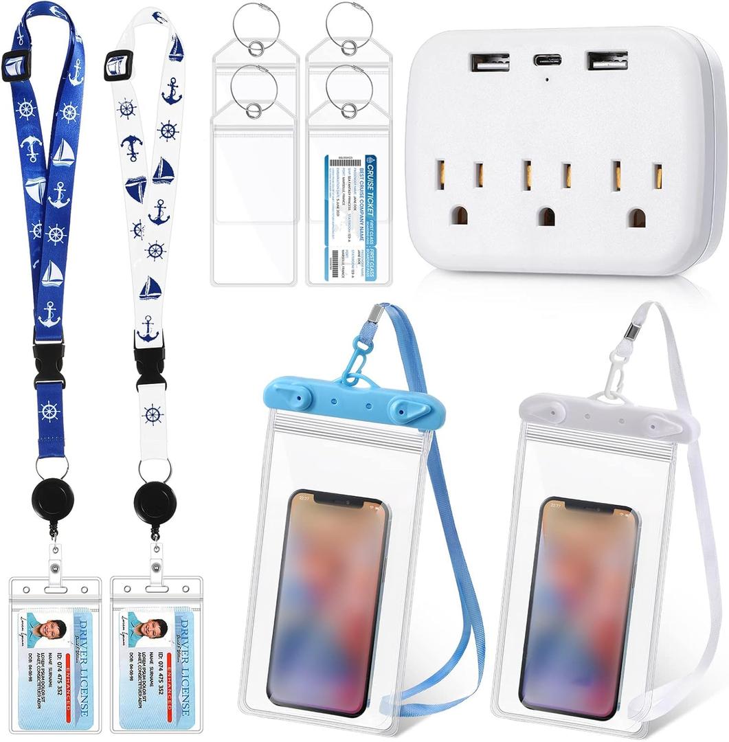Teling Cruise Essentials 2025, 2 Cruise Lanyard, 4 Carnival Luggage Tags for Ships 2025, 2 Waterproof Phone Pouch, 1 Power Strip, Ship Must Haves (Classic Color)