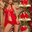 RSLOVE Lingerie for Women Lace Babydoll - Sexy Lingerie Open Front Sleepwear Halter Nightwear Ruffle Trim Chemise (Red, S)