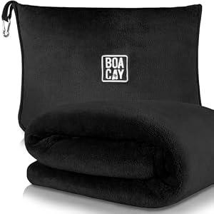 BOACAY Soft & Warm Travel Blanket for Airplane & Car - Long Flight Essential for Women, Men, Kids - Compact Pillow with Luggage Sleeve & Backpack Clip, Black