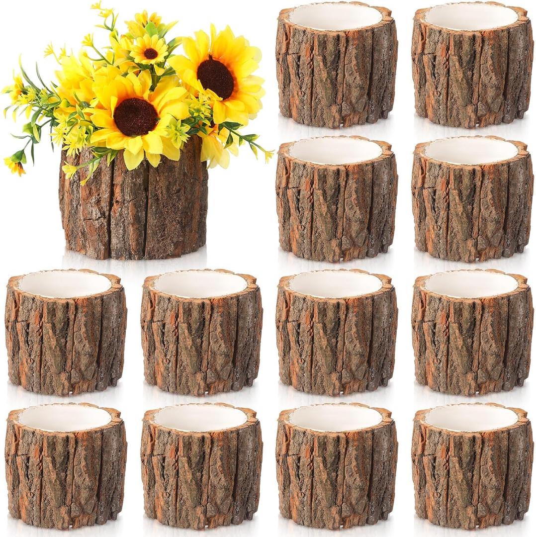 12 Pcs Wooden Vase for Centerpieces Wedding Flower Table Centerpieces Woodland Party Decor Rustic Farmhouse Bark Stump Buckets Vintage Planter Pots for Garden Baby Shower Window Home (Large)