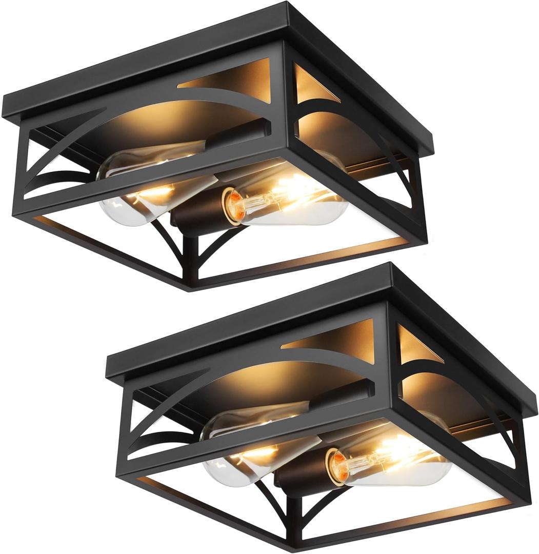 Black Flush Mount Ceiling Light Fixtures, Industrial Outdoor Ceiling Light | Farmhouse Rustproof Square Close to Ceiling Light with Heat Insulation, for Porch Kitchen Hall Bedroom, 2 Pack, 10 Inch, E26