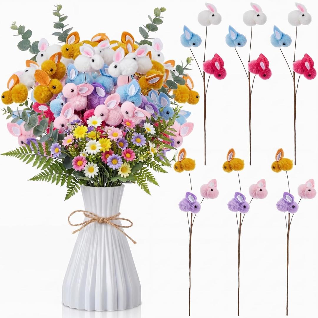 Suncalla 24 Pcs Easter Bunny Picks Easter Plush Bunny Table Decorations 9 Inch Plush Rabbit Branches Decorative Picks for Home Vase Filler Table Centerpieces Easter's Party Decor