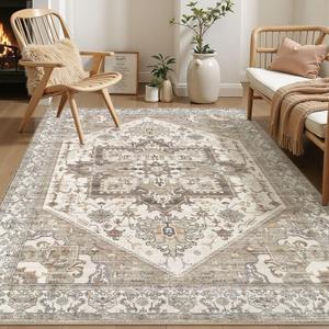 Area Rug for Living Room - 7x9 Washable Oriental Vintage Floral Large Soft Carpet - Fade Stain Resistant Non Slip Rugs for Bedroom Dining Room Nursery Dorm Office Home Decor - Beige Brown