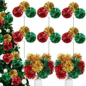6 Pack 12 Inch Sparkly Christmas Picks and Sprays Christmas Tinsel Tree Picks Stems Red Green and Gold Fireworks Xmas Tree Topper Ornaments for Floral Vase Fillers Wreath Garland Decor DIY Supplies