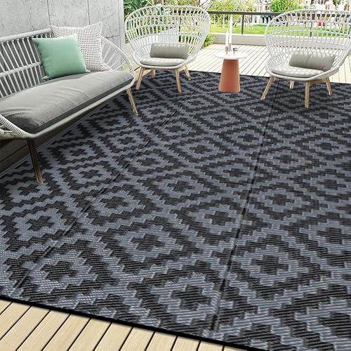 SAND MINE Waterproof Outdoor Rug 9x18 ft, Plastic Reversible Rug, Modern Area Rug, Large Floor Mat for Outdoors, RV, Patio, Backyard, Deck, Picnic, Beach, Camping, Black Grey Lattice