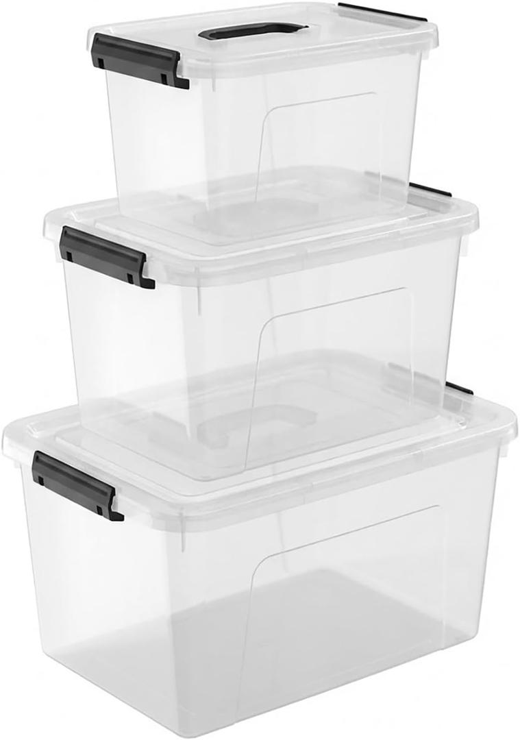 Clear Storage Latch Box/Bin, 3-Pack Plastic Organizing Container with Handle and Lids (7QT/16QT/22QT)