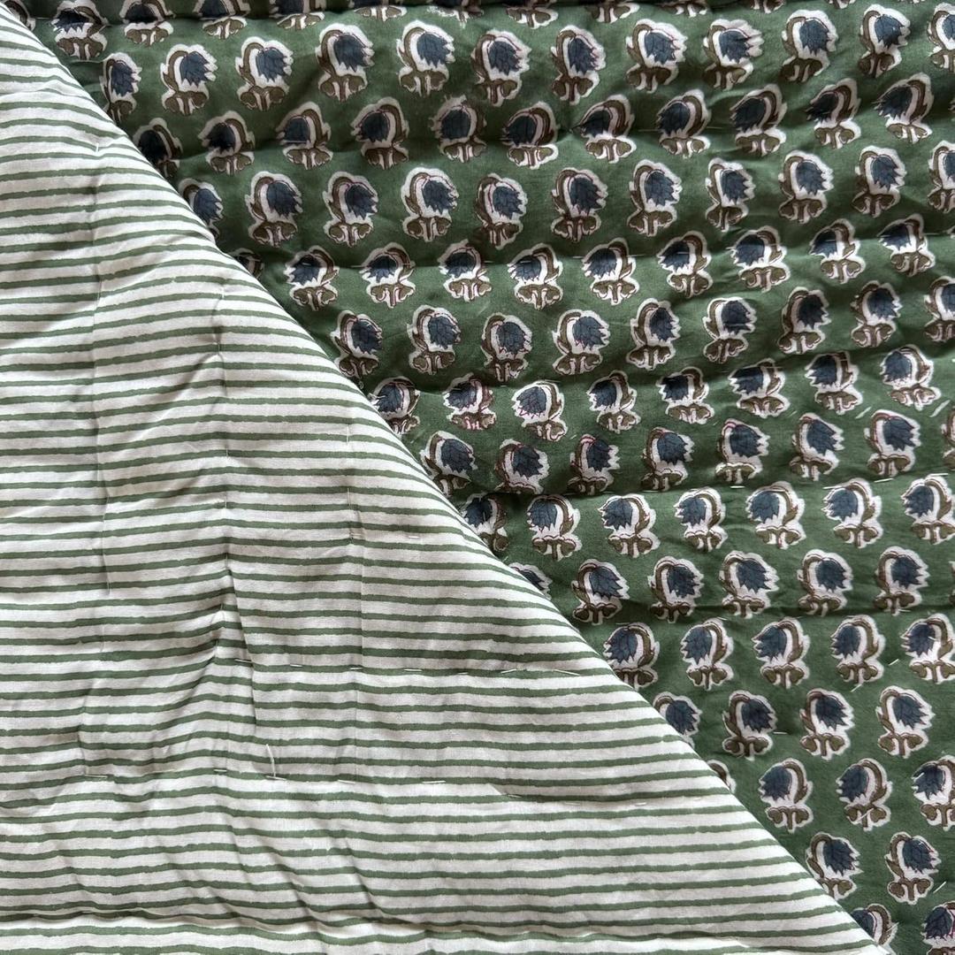 Ridhi Block Print Quilted Basil Green Reversible Throw Blanket 100% Cotton Quilt,Cover for Couch and Bed, Sage Lap Bedding Coverlet, Luxury Oversized Quilted Throw King 96" X 106"