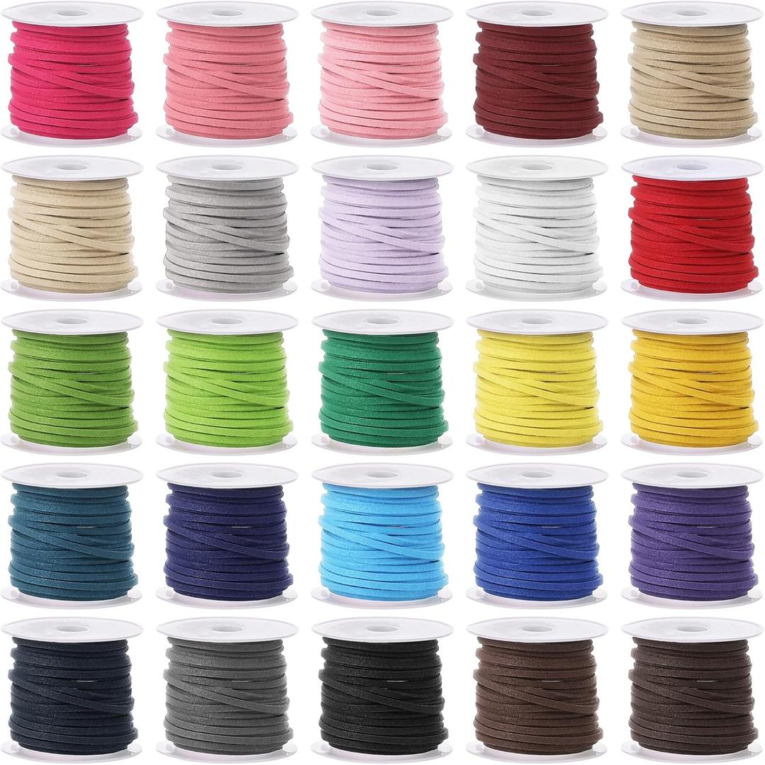 Faux Suede Leather Cord, 25 Rolls Flat for Jewelry Making, Leather Strips & Laces for Dream Catcher Supplies DIY Crafts, Thread Velvet String for Necklace, Bracelet, Beading (25 Colors)