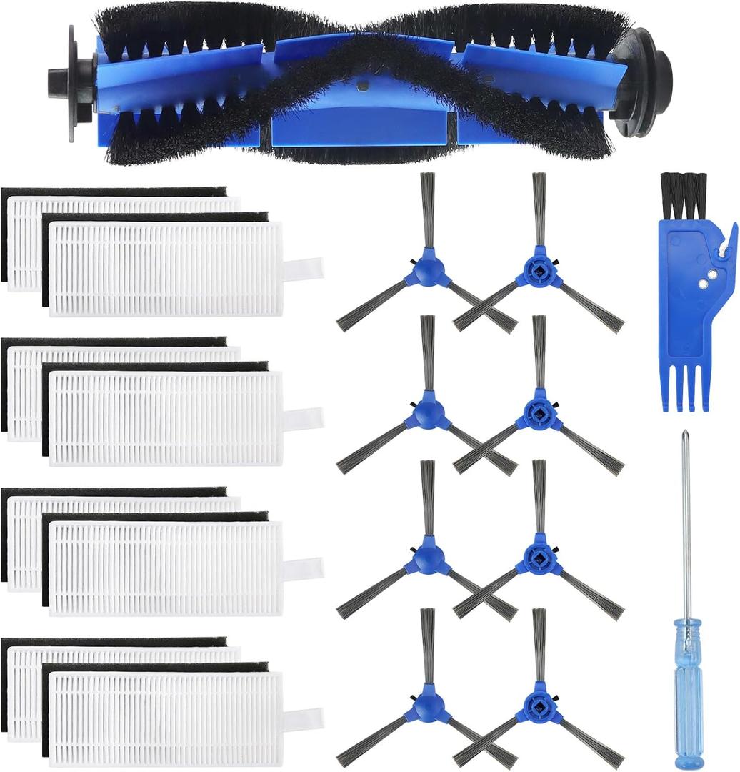 Replacement for Eufy Robovac Brushes and Filters by Techecook Compatible for Eufy Vacuum robovac 11s, 12, 15C, 15T, 25C, 30, 30C, 35C - 8 Side Brushes, 8 Filters, 1 Rolling Brush, 1 Cleaning Brush