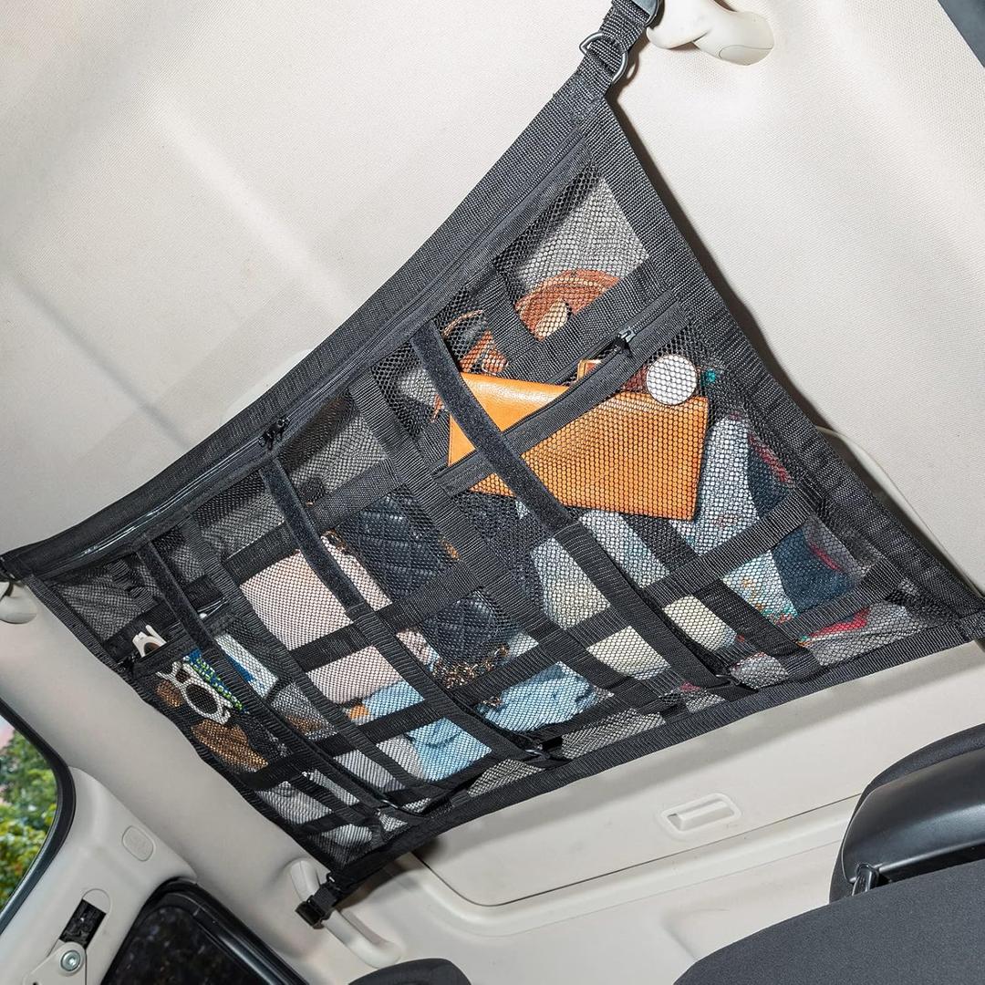 Car Ceiling Cargo Net Pocket Storage Net, 29.5"x19.7" Adjustable D-Buckle to Reduce Sagging Roof Storage Organizer,Double-Layer Mesh SUV for SUVs,Road Trips,Car Camping Essentials