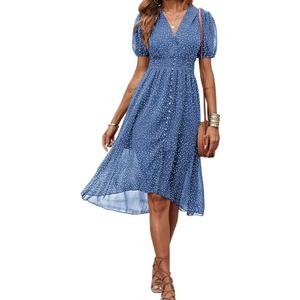 PRETTYGARDEN Women's Floral Wrap V-Neck Midi Dress Short Sleeve Boho Summer Beach Long Dress High Low Hem Smocked Dress Women, Medium