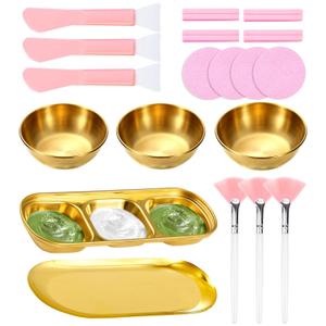 23 Pcs Esthetician Facial Supplies Tools Set, DIY Skincare Kit Include 3 Gold Facial Bowls, 1 Serving Tray, 1pc 3-Compartment Serving Tray, 3 Facial Fan Brushes 3 Face Mask Brush 12 Sponge Compressed