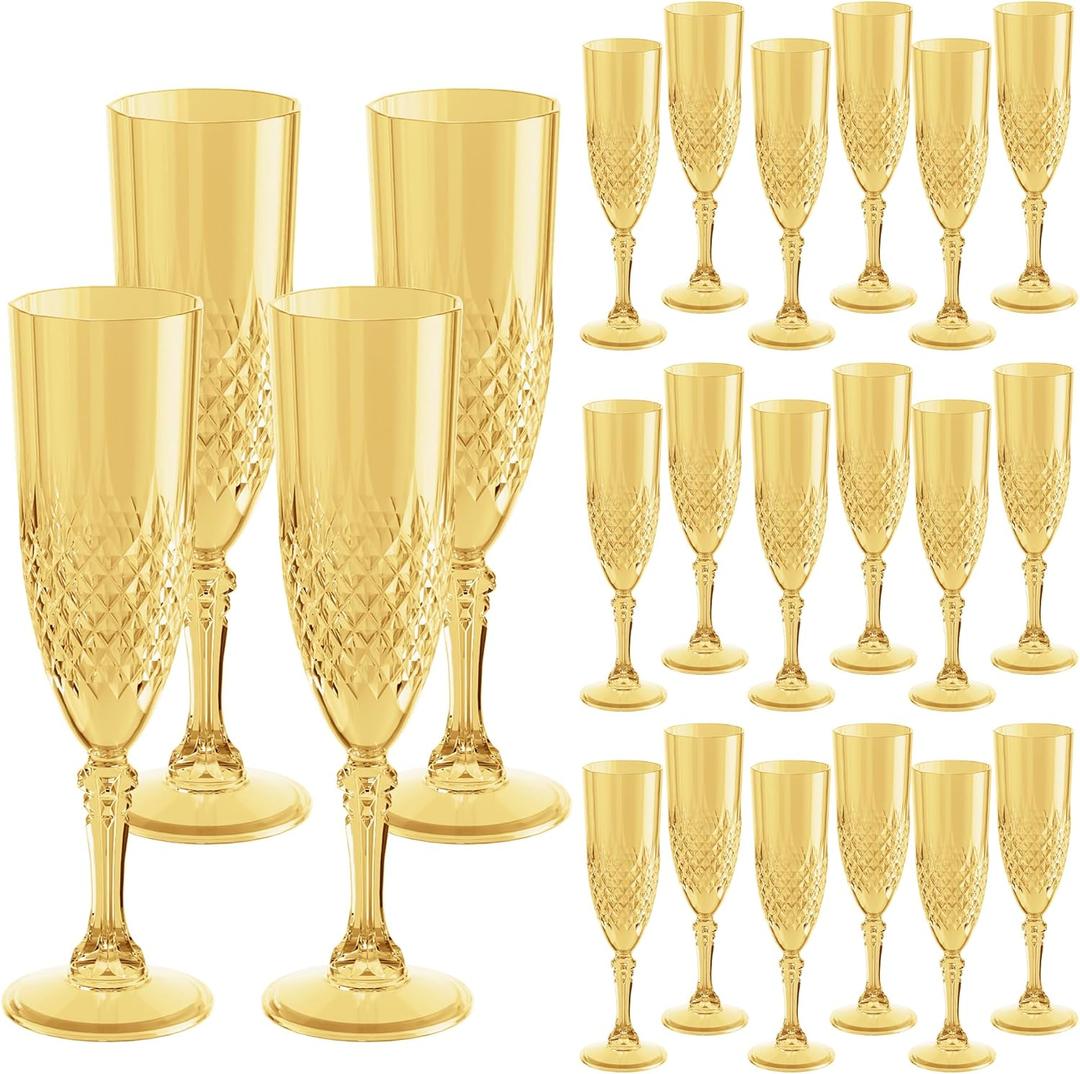 HTTBEIZI Gold Champagne Flutes Set of 24 7oz, Plastic Reusable Glasses Cups Goblets Shatterproof Unbreakable, for Valentines Day Christmas Wedding Party Mimosa Bar