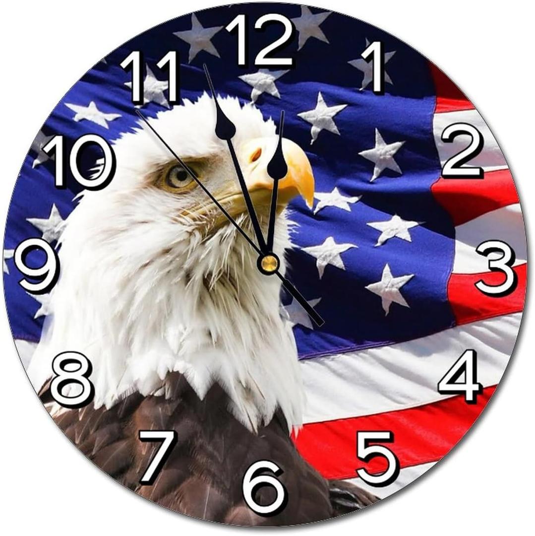 Bald Eagle Patriotic American Flag Wall Clock Battery Operated Silent Round Clock Wall Decor for Home, Office, School 9.8 Inch
