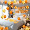 Orange Birthday Balloons Decorations Orange Happy Birthday Balloon Letters Banner with 6 Pcs Star Balloons Artificial Rose Petal 24 Flameless LED Candles for Room Hotel Party Decorations Supplies