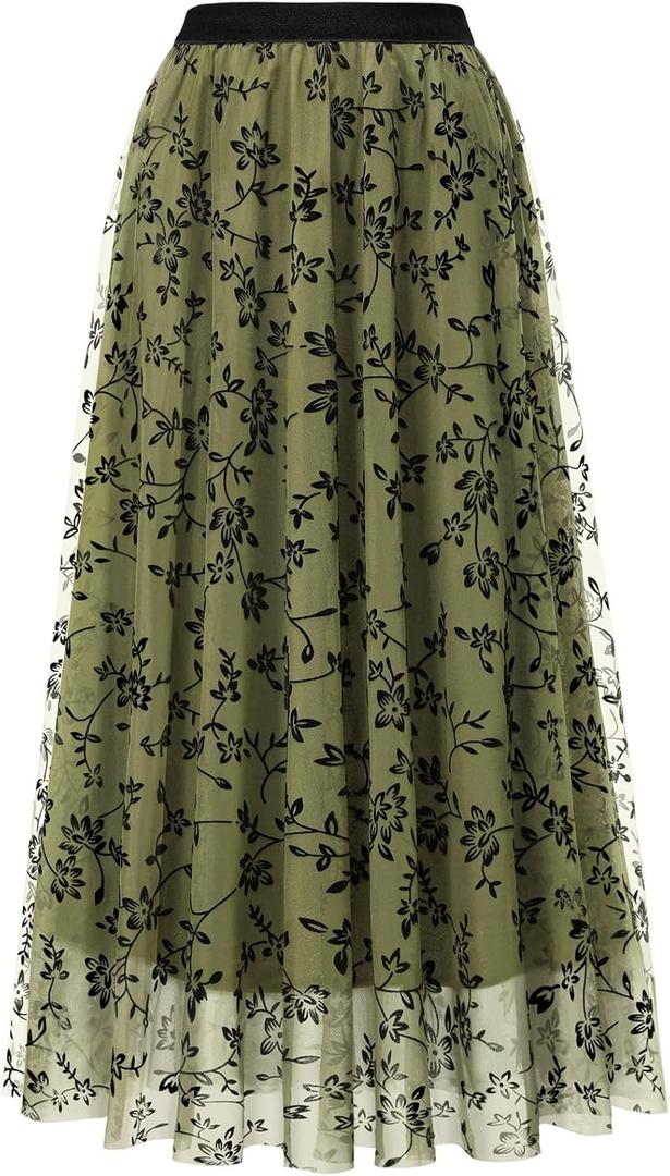 Skirts for Women Midi Long Length Dressy Casual Trendy Summer Tulle A-Line Floral High Waist Skirt L-XL