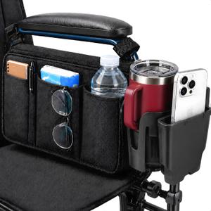 Wheelchair Accessories, Wheelchair Cup Holder with Wheelchair Side Bag, 360 Rotatable & Strong Clip Cup Holder for Wheelchair, Mobility Scooter, Walker Accessories for Seniors, Adults