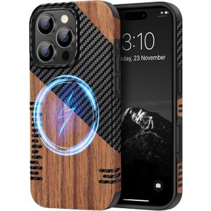 TENDLIN Magnetic Case Compatible with iPhone 16 Pro Phone Case Wood Grain with Carbon Fiber Texture Design Leather Hybrid Slim Cover (Compatible with MagSafe) Twill