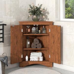 Corner Storage Cabinet with Two Doors and Adjustable Shelf, Freestanding Floor Space Saver for Bathroom, Living Room or Kitchen, Brown