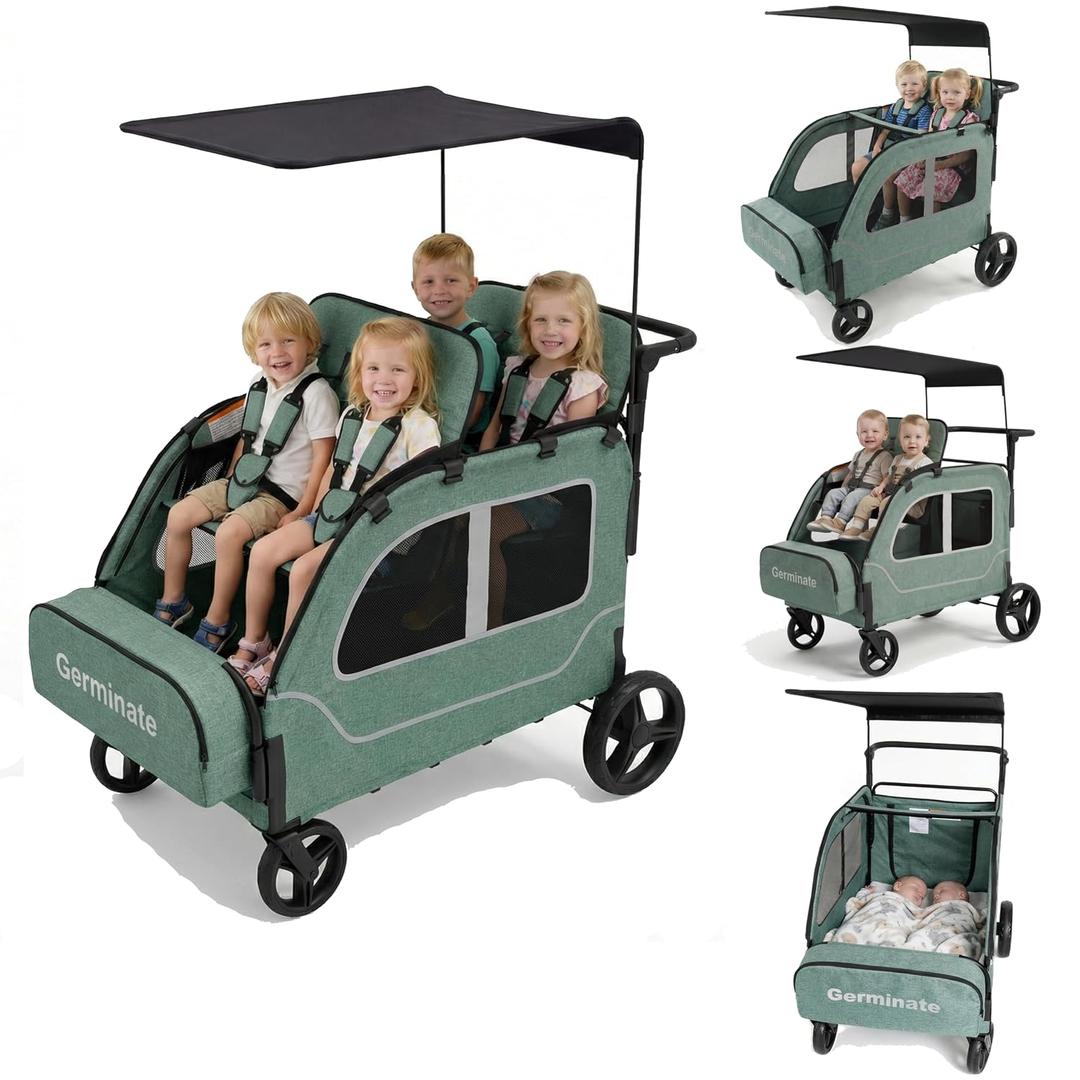 4 Seater Wagon Stroller, Large Quad Wagon for 2 3 4 Kids Baby Toddler Child with Seats, All Terrain, Triple Stroller, Adjustable Push/Pull Handles, Removable Canopy (Green)