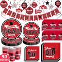 DAZONGE Graduation Decorations 2025 Red and Black, Disposable Tableware Kit for 50 Guests, Plates, Napkins, Cups, Tablecloth and Hanging 2025 Graduation Party Decorations