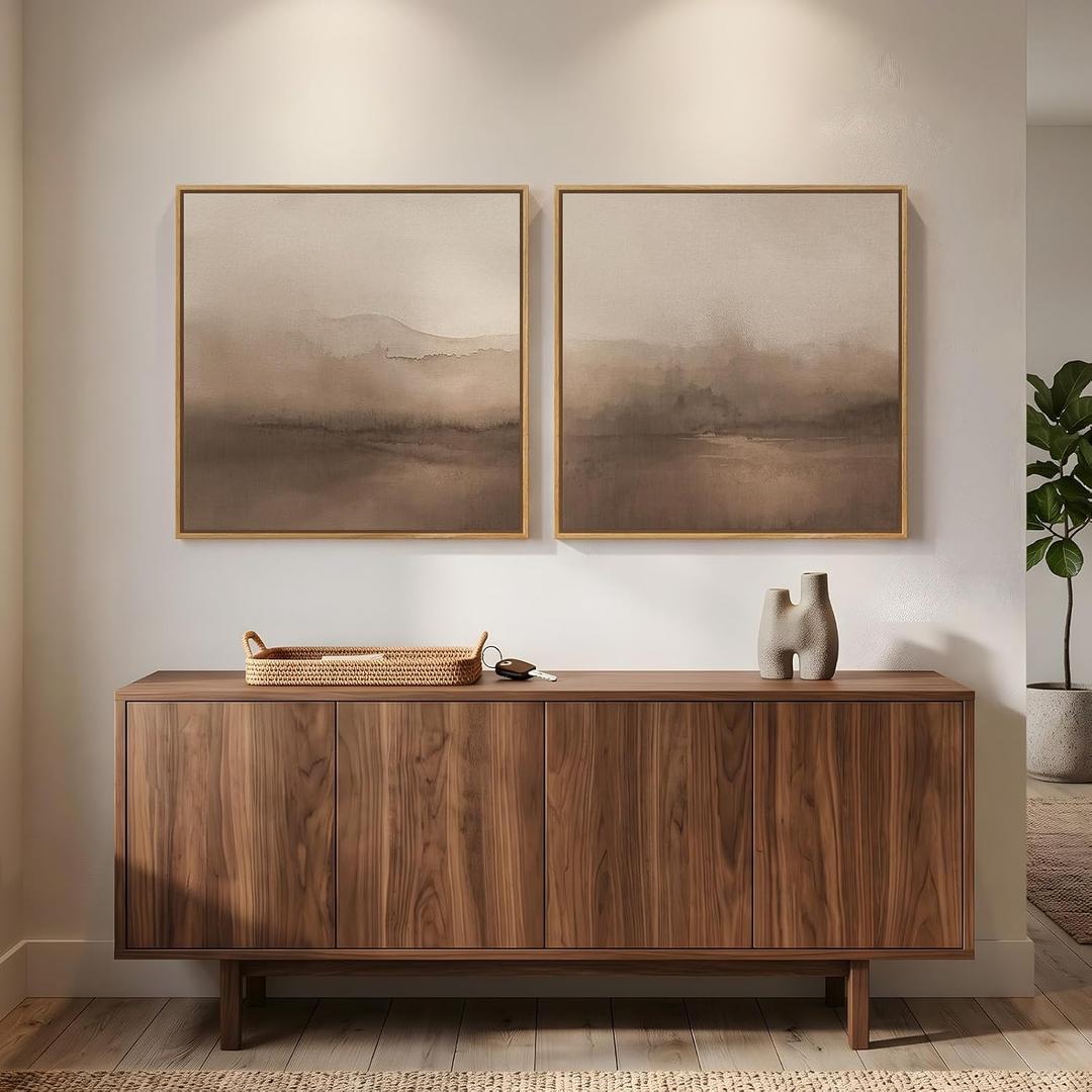 Framed Brown Abstract Landscape Wall Art Set of 2, Neutral Canvas Prints, 24"W x 24"H x 2Pcs