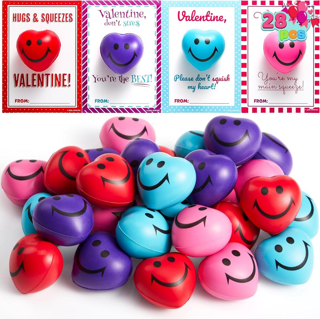JOYIN 28 Packs Heart Shape Stress Ball with Cards Stress Relief Fidget Toy for Valentine Party Favors, Classroom Prize Supplies, Valentines Greeting Cards, Valentine Exchange Gifts, Small
