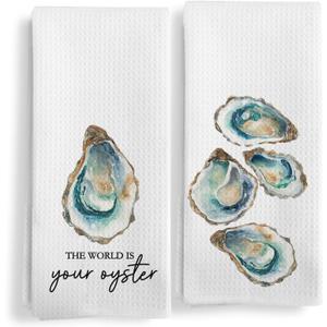 Qeheb Coastal Beach Oyster Kitchen Towels Set of 2, Beach Hand Towels for Bathroom, the World Is Your Oyster Inspirational Decorative Dish Tea Towels for Kitchen Decor, Coastal Bathroom Decor, 16X24In