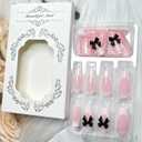 4 x 24 Pcs Pearl Shine Medium Square Fake Nails with Bow Designs, French Tip Glue On Nails, Reusable Black Bows, Full Cover Nude Artificial Nails for Women & Girls