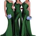 One Shoulder Bridesmaid Dresses Mermaid Satin Long Ruched Bodycon Formal Evening Dress for Women (10, Emerald Green)