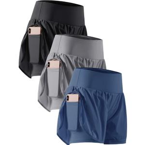CADMUS 2 in 1 Women's Workout Shorts for Athletic Gym Running Shorts with Phone Pockets (XX-Large, 3 Pack: 06# Black & Gray & Navy Blue)