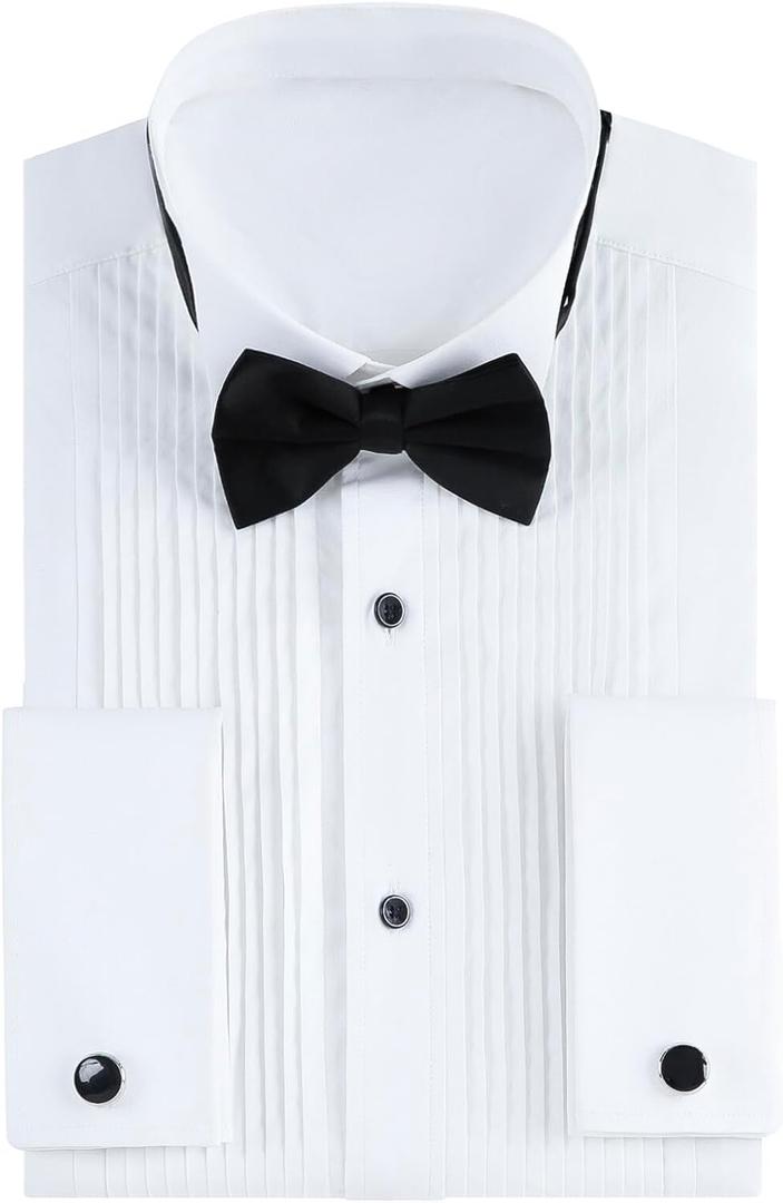 Gollnwe Tuxedo Shirts for Men Wing Collar French Cuff with Cufflinks and Bow Tie (Large, White)